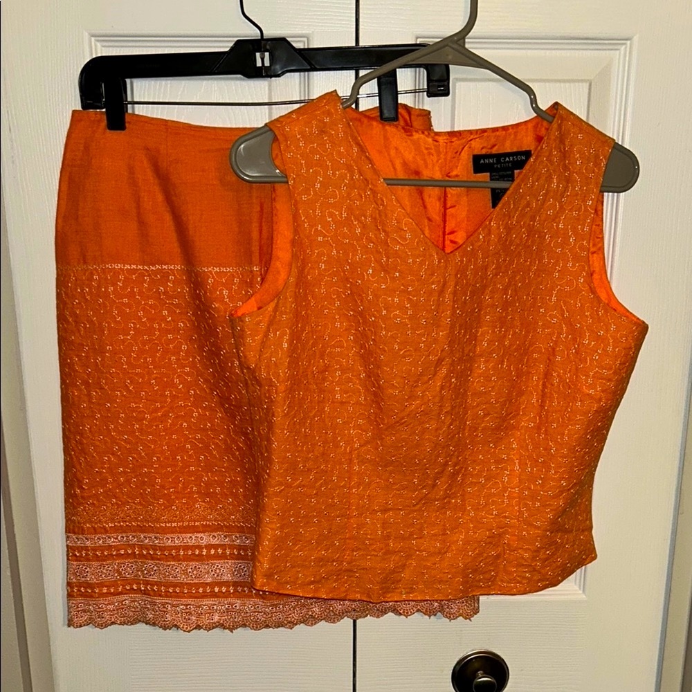 Anne Carson vintage Orange/Cream Pencil Skirt Set(2 piece)linen,lined EUC